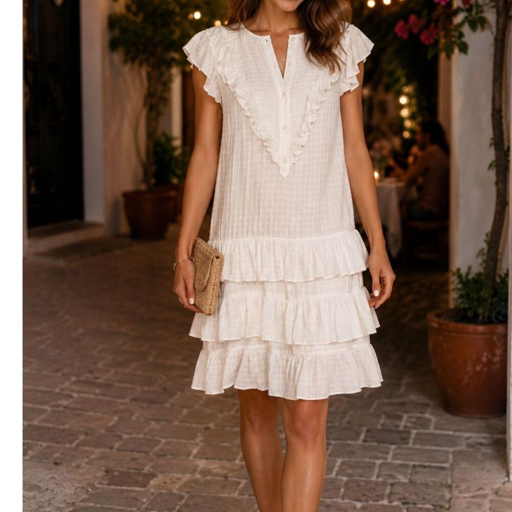 La Vie Rebecca Taylor White Drapey Check Ruffle Shift Dress XS Romantic Feminine